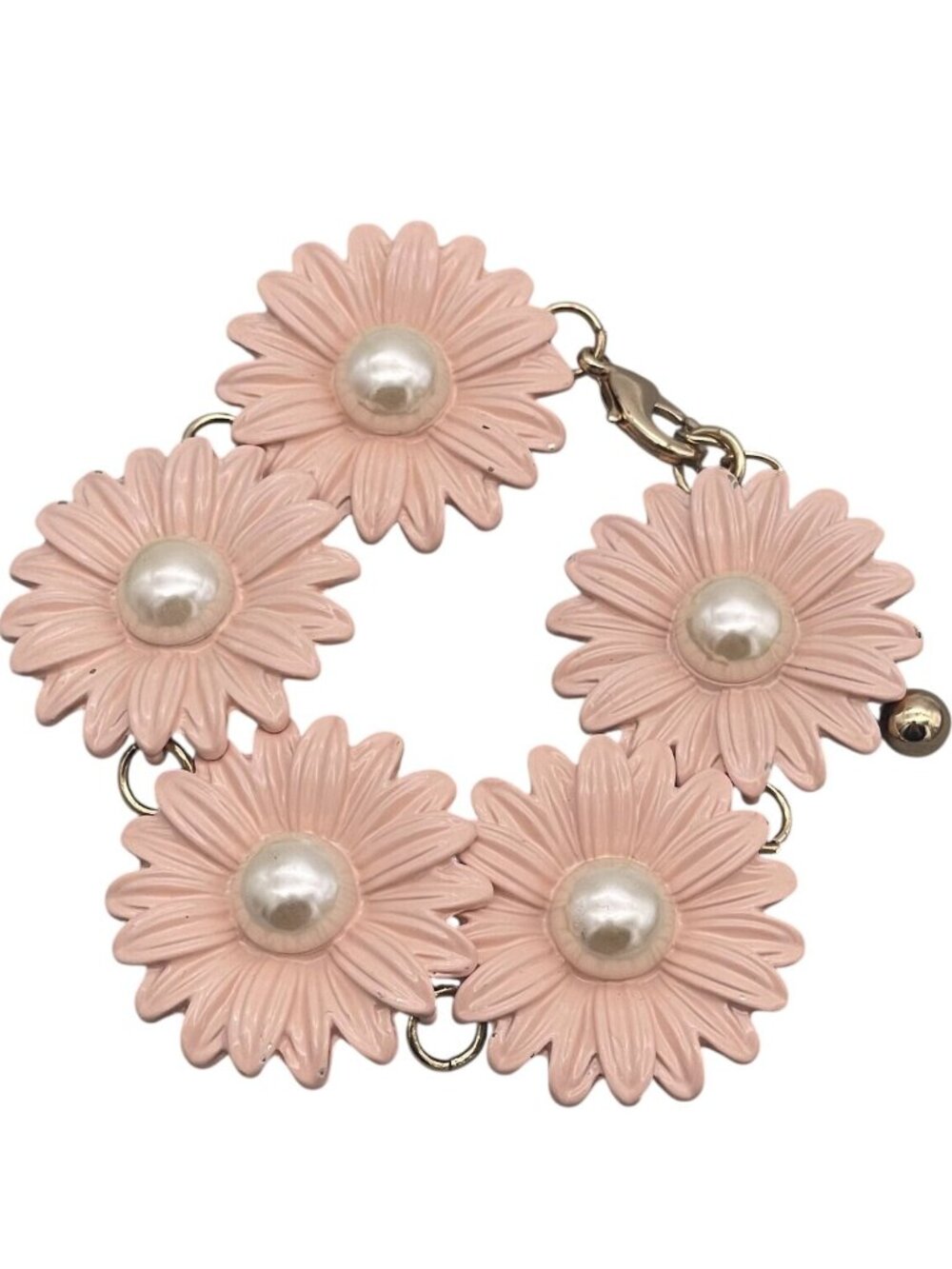 Pink Daisy Flower Bracelet Faux Pearl Centers Adjustable Chain Floral